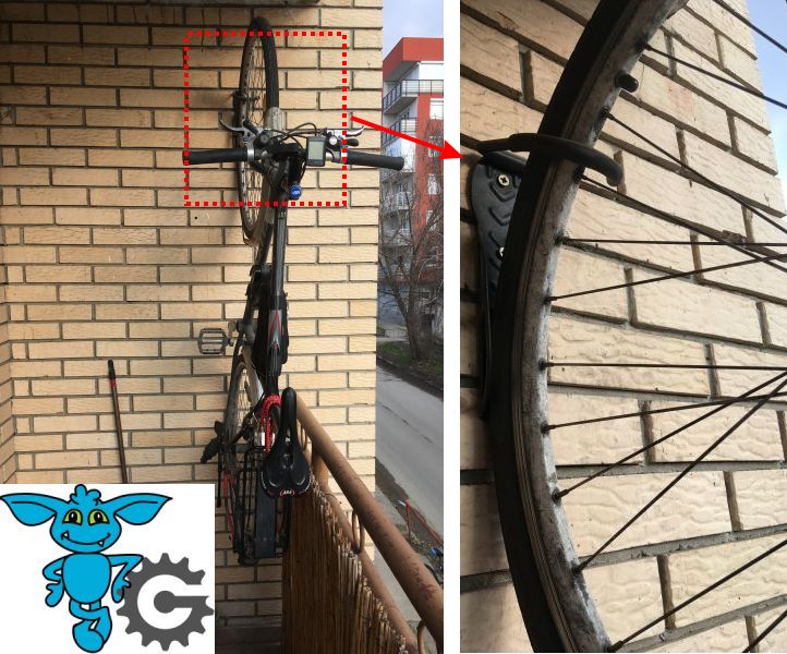 Bicikl okačen na zid o prednji točak