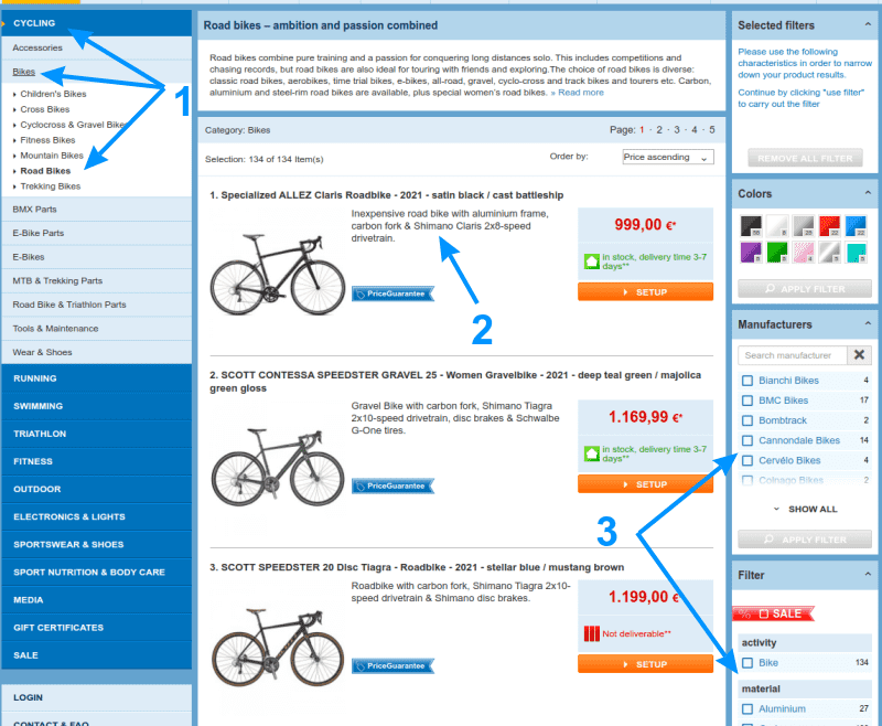 Pretraga na Bike24: logično složeno (1), dobri opisi proizvoda i (3) moćni filteri za pretragu
