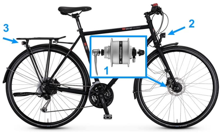 Treking bicikl sa dinamo nablom (1) i svetlima (2 i 3)