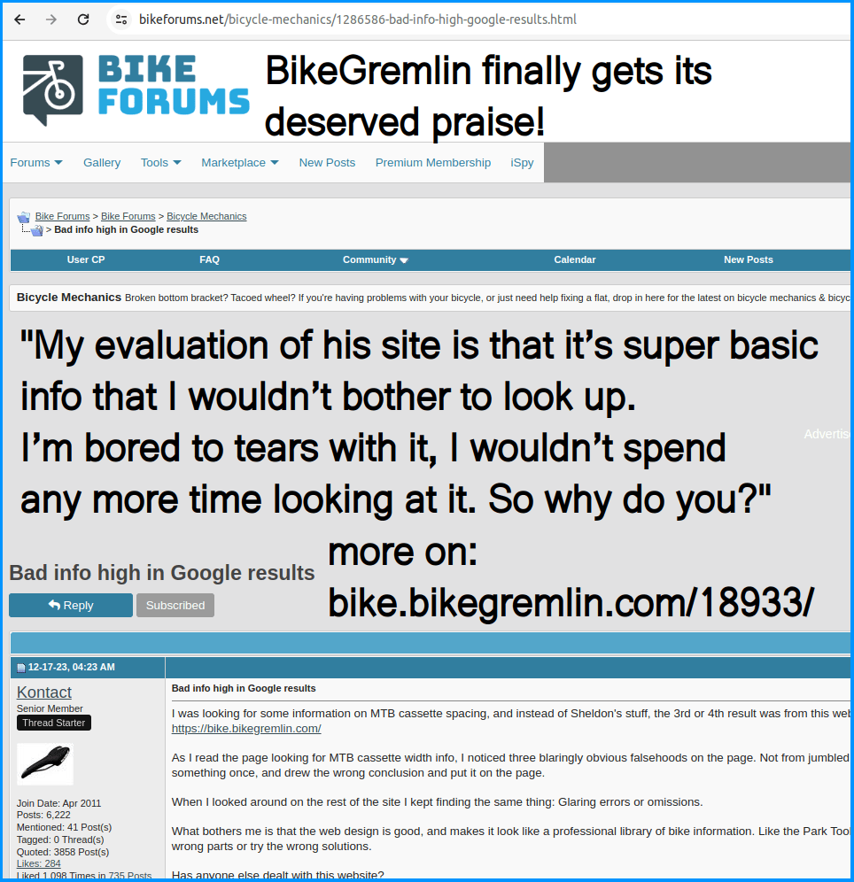 Pohvale BikeGremlin sajta na BikeForums.net, najboljem svetskom biciklističkom forumu